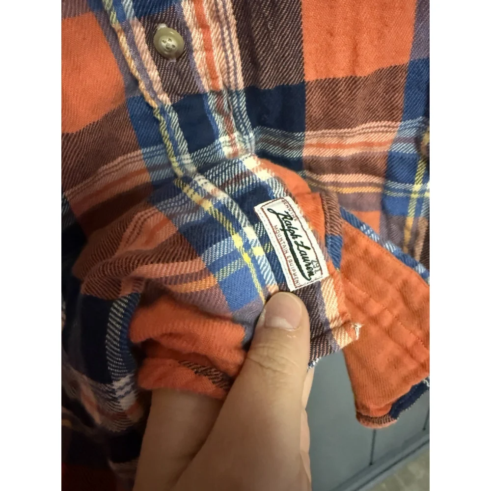 Ralph Lauren Polo Shirt Mens Orange Blue Plaid Flannel Mountain Equipment Logo S
